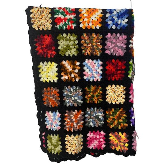 Granny Squares Colorful Crochet Afghan Throw Handmade BOHO 50" x 66" Black Knit - Picture 5 of 7